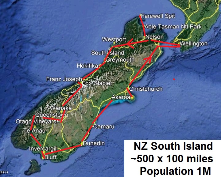 South Island map showing our touring route